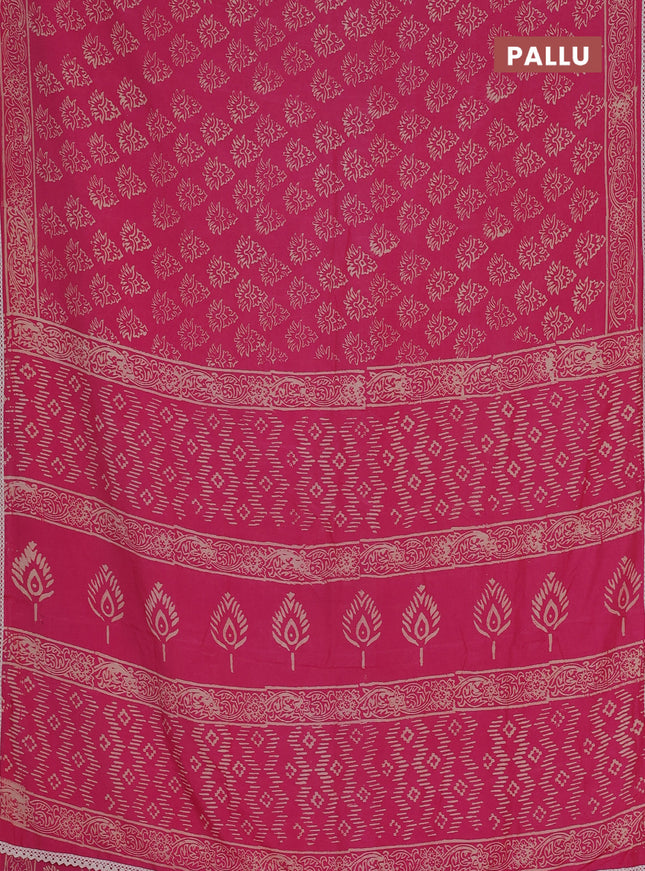 Semi pashmina silk saree pink and cream with allover butta prints and crocia lace work border