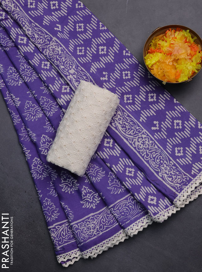 Semi pashmina silk saree lavender and cream with allover butta prints and crocia lace work border