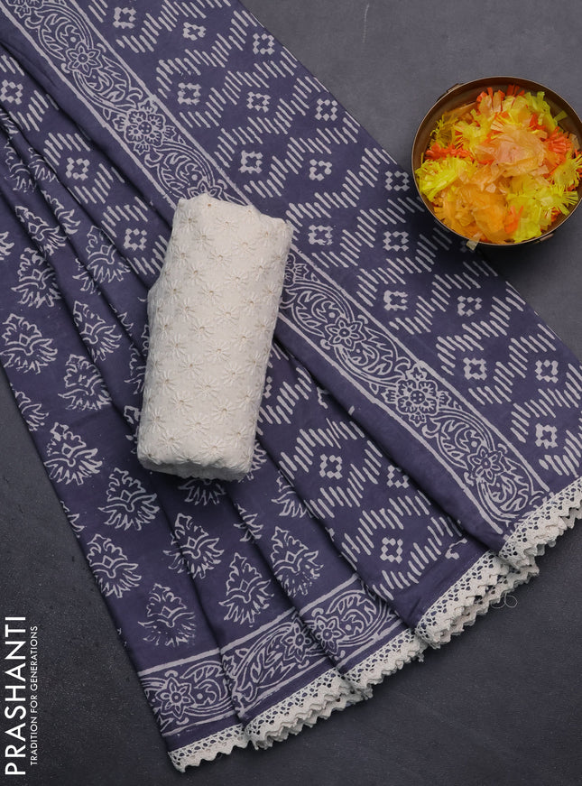 Semi pashmina silk saree grey and cream with allover butta prints and crocia lace work border