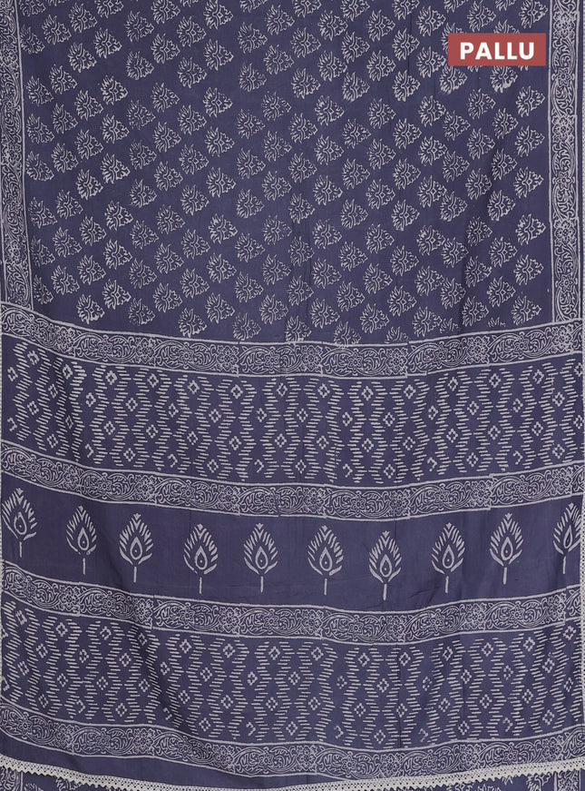 Semi pashmina silk saree grey and cream with allover butta prints and crocia lace work border