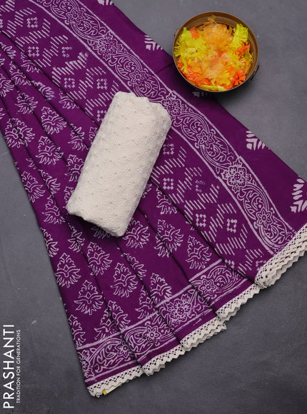 Semi pashmina silk saree violet and cream with allover butta prints and crocia lace work border