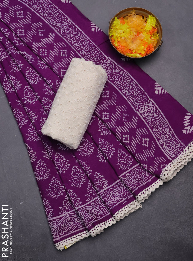 Semi pashmina silk saree violet and cream with allover butta prints and crocia lace work border