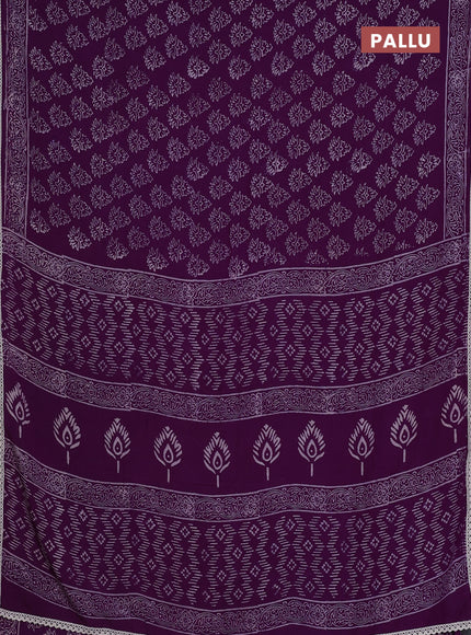 Semi pashmina silk saree violet and cream with allover butta prints and crocia lace work border