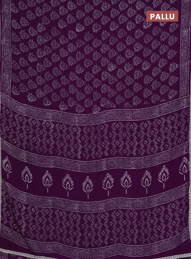 Semi pashmina silk saree violet and cream with allover butta prints and crocia lace work border