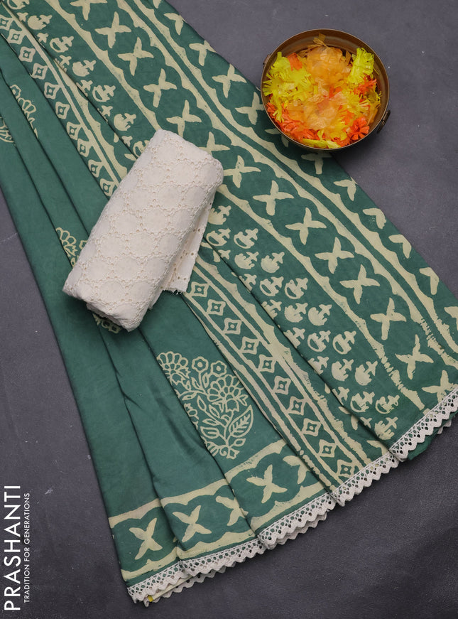 Semi pashmina silk saree green shade and cream with floral butta prints and crocia lace work border