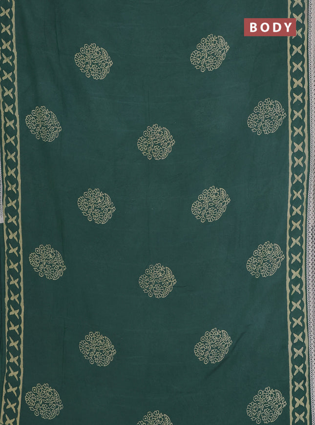 Semi pashmina silk saree green shade and cream with floral butta prints and crocia lace work border