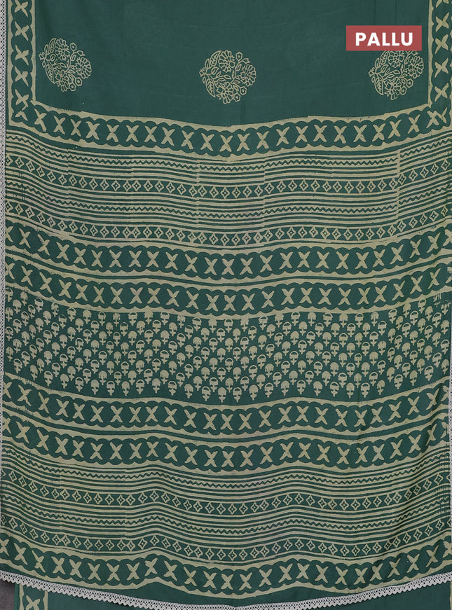 Semi pashmina silk saree green shade and cream with floral butta prints and crocia lace work border