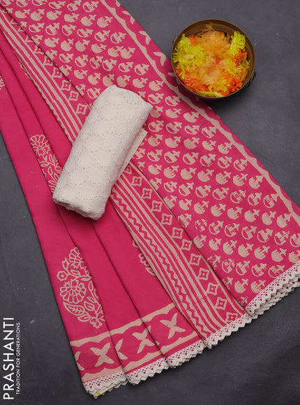 Semi pashmina silk saree pink and cream with floral butta prints and crocia lace work border