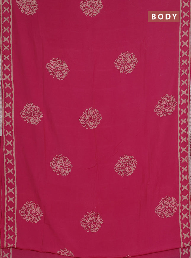 Semi pashmina silk saree pink and cream with floral butta prints and crocia lace work border