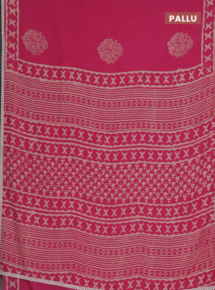 Semi pashmina silk saree pink and cream with floral butta prints and crocia lace work border