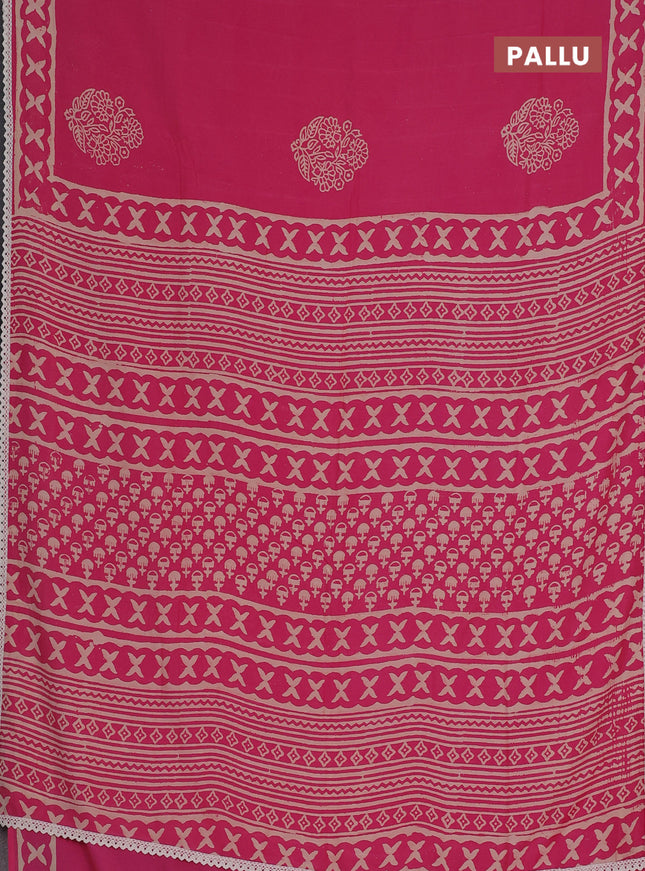 Semi pashmina silk saree pink and cream with floral butta prints and crocia lace work border