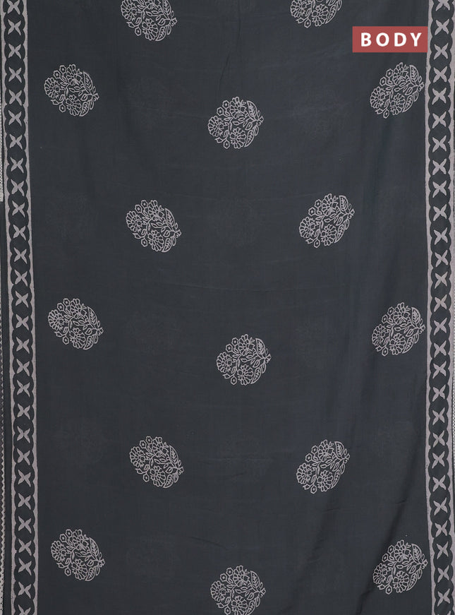 Semi pashmina silk saree grey and cream with floral butta prints and crocia lace work border