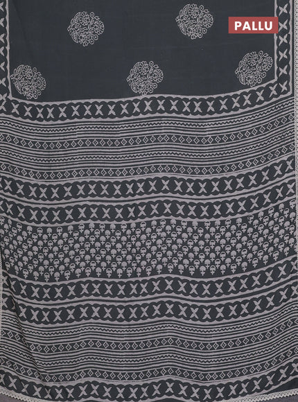 Semi pashmina silk saree grey and cream with floral butta prints and crocia lace work border