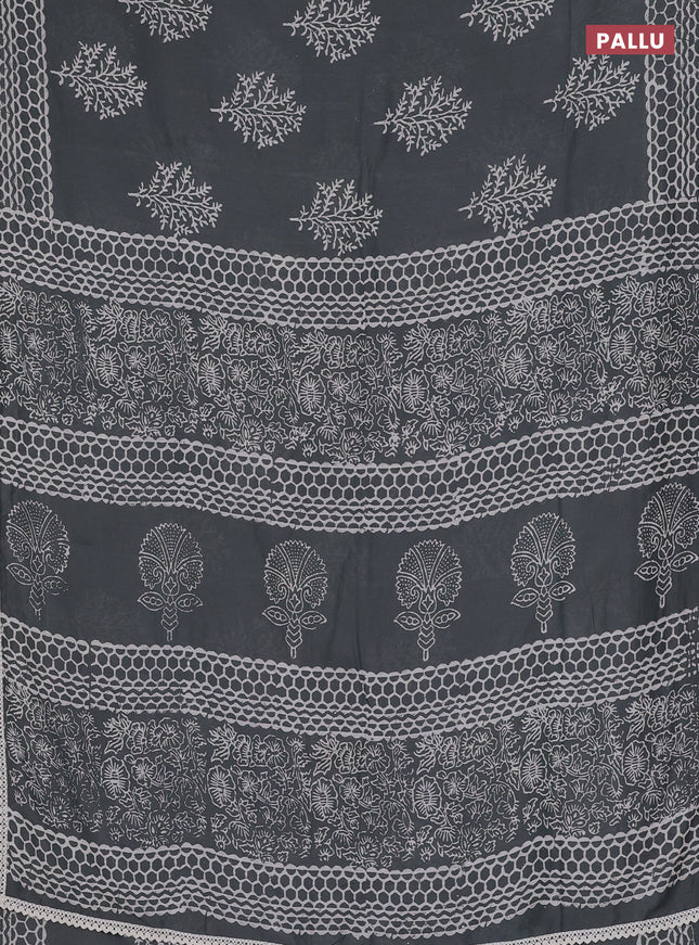 Semi pashmina silk saree grey and cream with tree butta prints and crocia lace work border