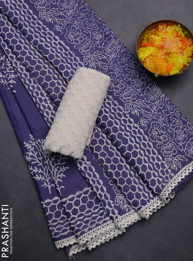 Semi pashmina silk saree blue shade and cream with tree butta prints and crocia lace work border