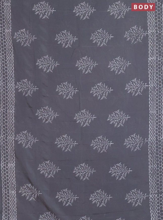 Semi pashmina silk saree grey and cream with tree butta prints and crocia lace work border