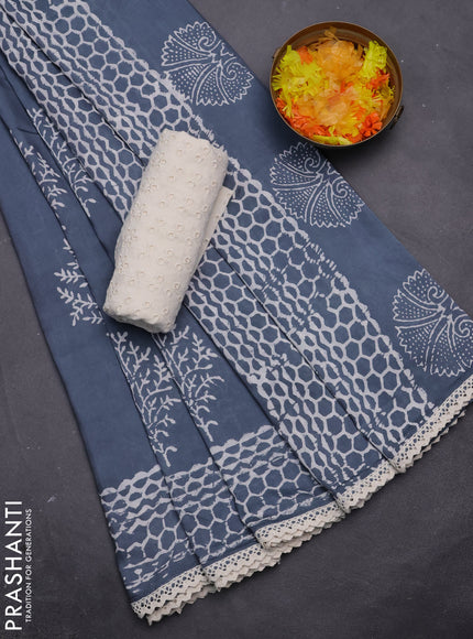 Semi pashmina silk saree grey and cream with tree butta prints and crocia lace work border