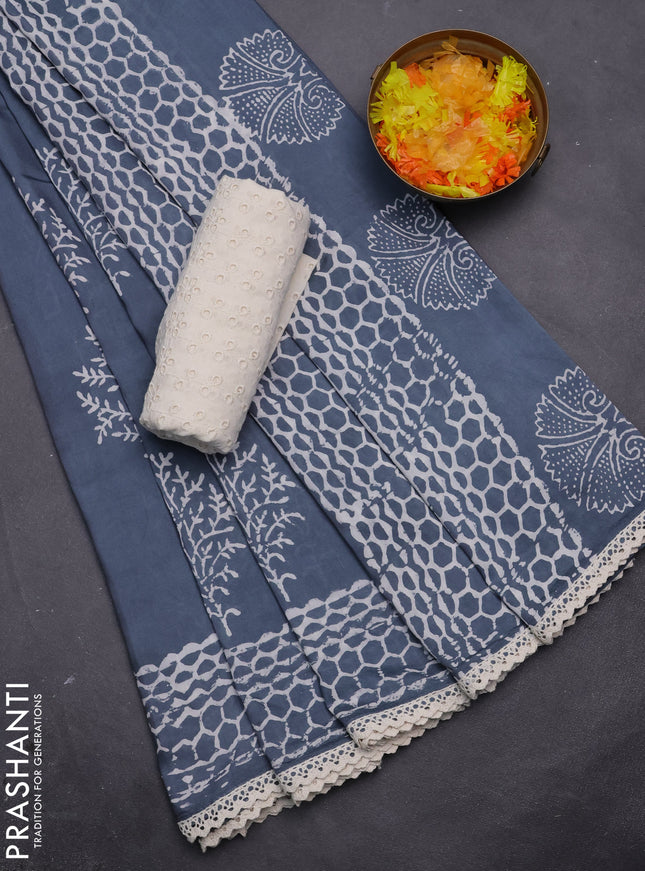 Semi pashmina silk saree grey and cream with tree butta prints and crocia lace work border