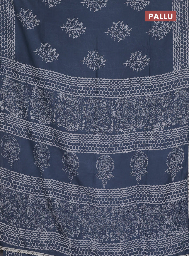 Semi pashmina silk saree grey and cream with tree butta prints and crocia lace work border