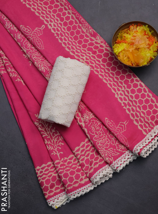 Semi pashmina silk saree pink and cream with tree butta prints and crocia lace work border