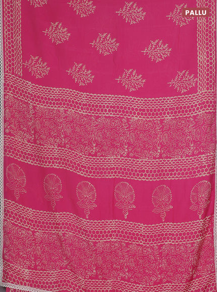 Semi pashmina silk saree pink and cream with tree butta prints and crocia lace work border