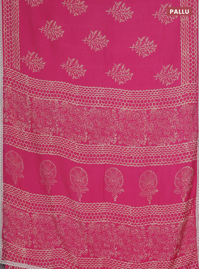 Semi pashmina silk saree pink and cream with tree butta prints and crocia lace work border