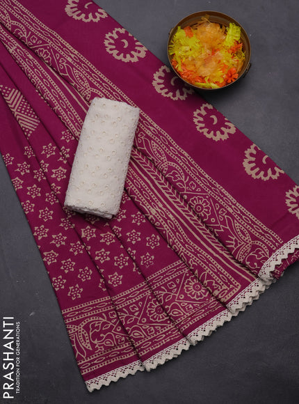 Semi pashmina silk saree magenta pink and cream with butta prints and crocia lace work border