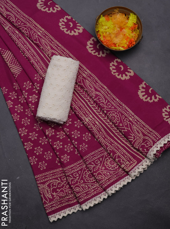 Semi pashmina silk saree magenta pink and cream with butta prints and crocia lace work border