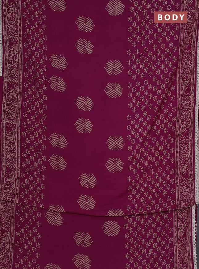 Semi pashmina silk saree magenta pink and cream with butta prints and crocia lace work border
