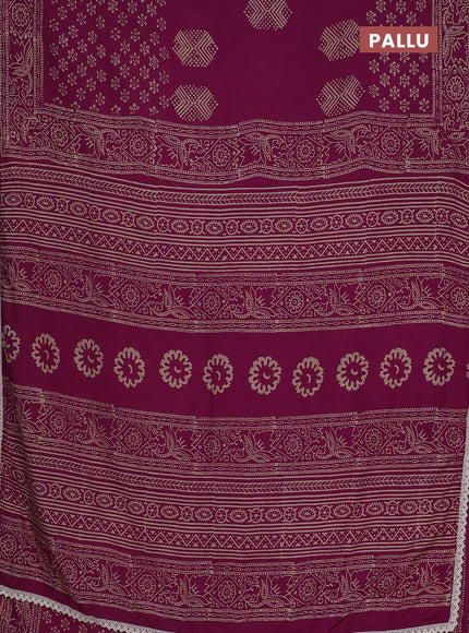 Semi pashmina silk saree magenta pink and cream with butta prints and crocia lace work border