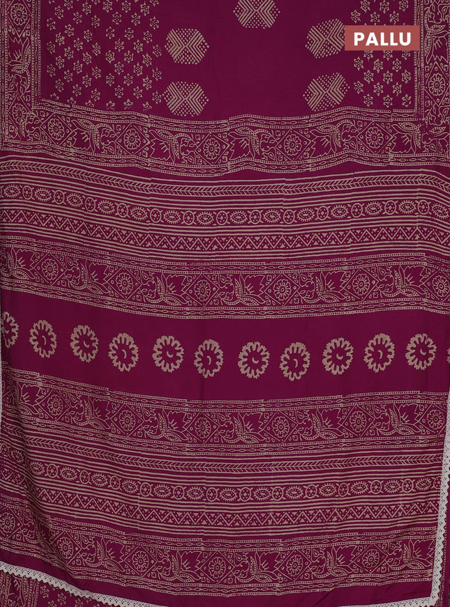 Semi pashmina silk saree magenta pink and cream with butta prints and crocia lace work border