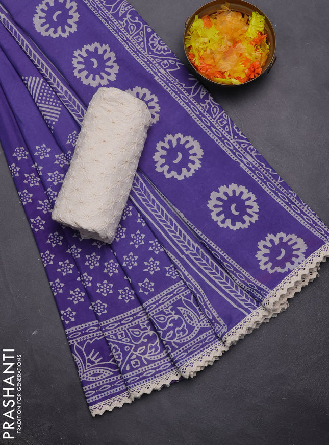Semi pashmina silk saree violet and cream with butta prints and crocia lace work border