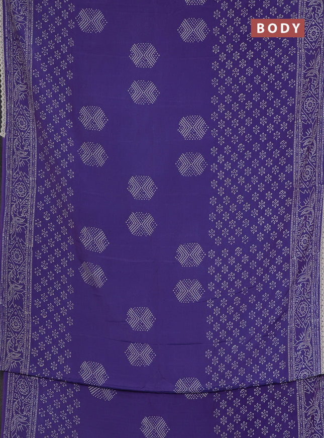 Semi pashmina silk saree violet and cream with butta prints and crocia lace work border