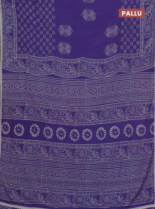 Semi pashmina silk saree violet and cream with butta prints and crocia lace work border