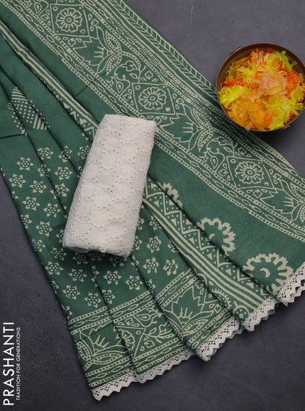 Semi pashmina silk saree green shade and cream with butta prints and crocia lace work border