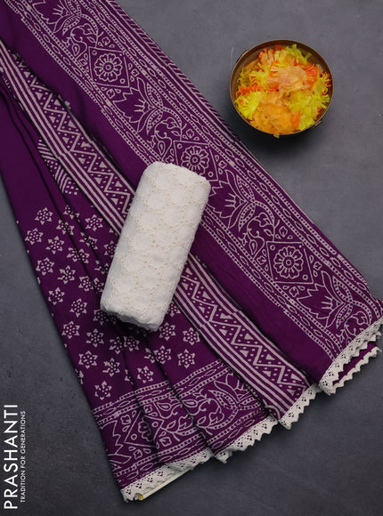 Semi pashmina silk saree purple and cream with butta prints and crocia lace work border