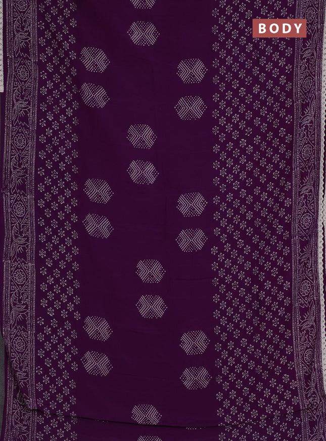 Semi pashmina silk saree purple and cream with butta prints and crocia lace work border