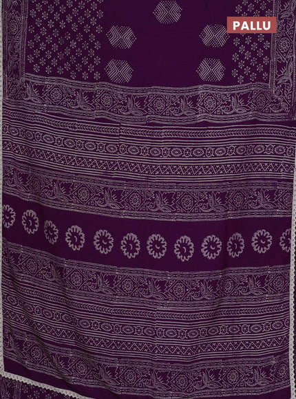 Semi pashmina silk saree purple and cream with butta prints and crocia lace work border