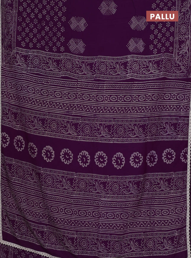 Semi pashmina silk saree purple and cream with butta prints and crocia lace work border
