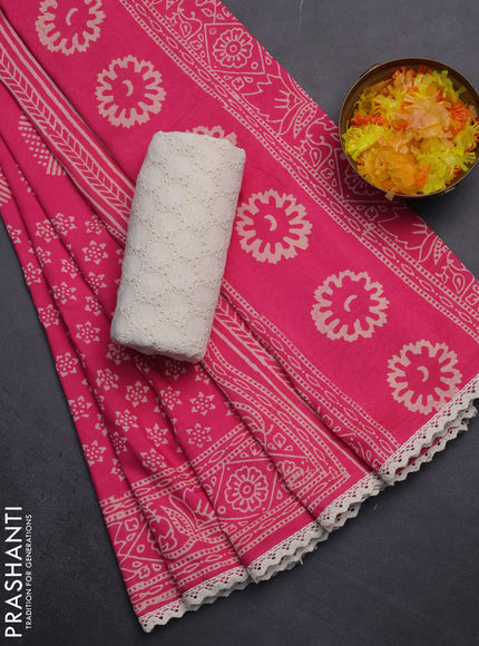 Semi pashmina silk saree pink and cream with butta prints and crocia lace work border