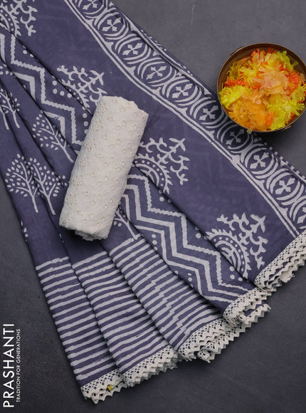 Semi pashmina silk saree blue shade and cream with allover tree butta prints and crocia lace work border