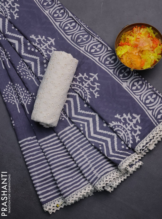 Semi pashmina silk saree blue shade and cream with allover tree butta prints and crocia lace work border