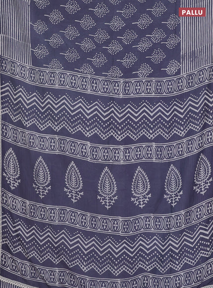 Semi pashmina silk saree blue shade and cream with allover tree butta prints and crocia lace work border