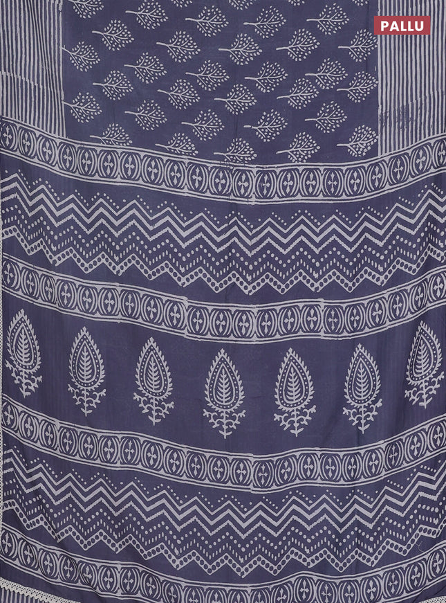 Semi pashmina silk saree blue shade and cream with allover tree butta prints and crocia lace work border