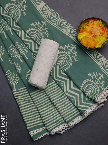 Semi pashmina silk saree pastel green and cream with allover tree butta prints and crocia lace work border