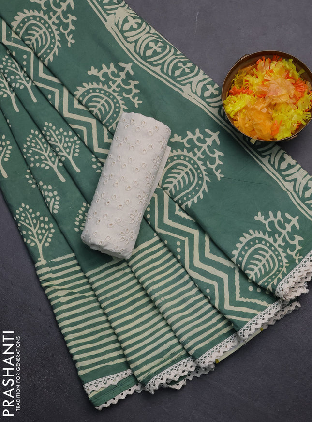 Semi pashmina silk saree pastel green and cream with allover tree butta prints and crocia lace work border