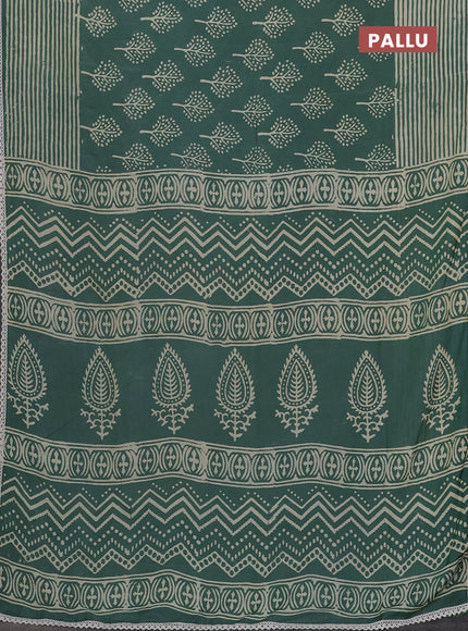 Semi pashmina silk saree pastel green and cream with allover tree butta prints and crocia lace work border