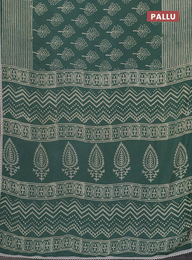 Semi pashmina silk saree pastel green and cream with allover tree butta prints and crocia lace work border