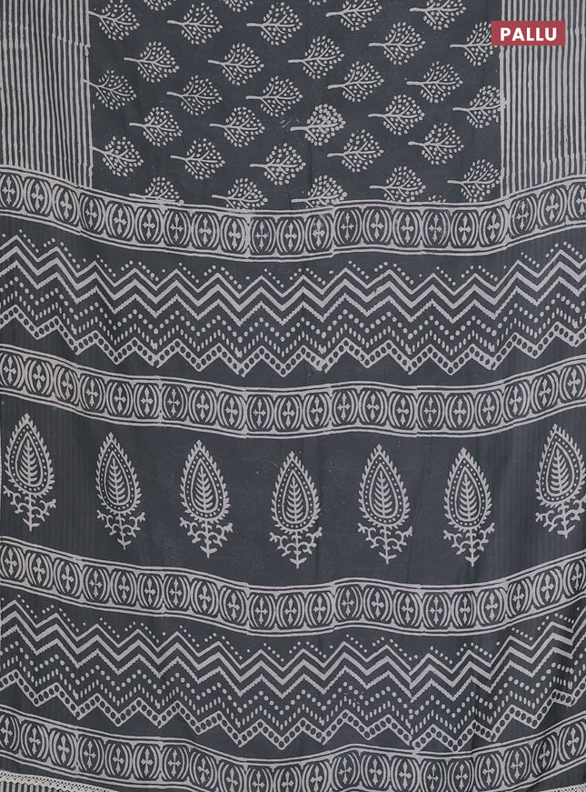 Semi pashmina silk saree grey and cream with allover tree butta prints and crocia lace work border