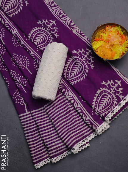 Semi pashmina silk saree purple and cream with allover tree butta prints and crocia lace work border